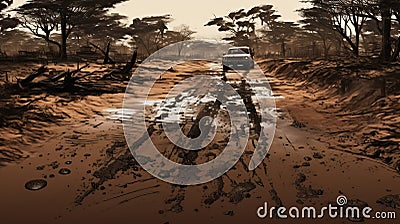 Muddy Road: High Contrast Digital Illustration Of A Desert Forest Cartoon Illustration