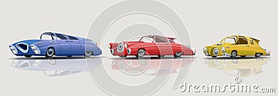 A car in retrofuturism style. Set of cartoon cars in steampunk style. Toy car, personal vehicle, sedan, minivan, hatchback, Vector Illustration