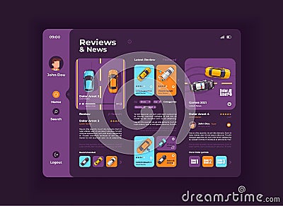 Car reviews and auto news tablet interface vector template Vector Illustration