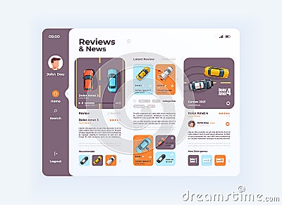 Car reviews and news tablet interface vector template Vector Illustration