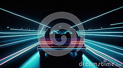 Car ride on the neon road in 80s retro synthwave style Stock Photo