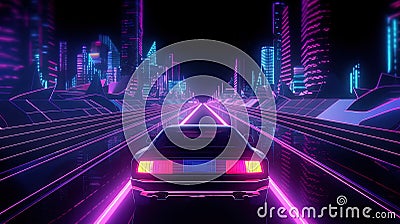 Car ride on the neon road in 80s retro synthwave style. Generated AI. Stock Photo