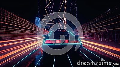 Car ride on the neon road in 80s retro synthwave style. Generated AI. Stock Photo