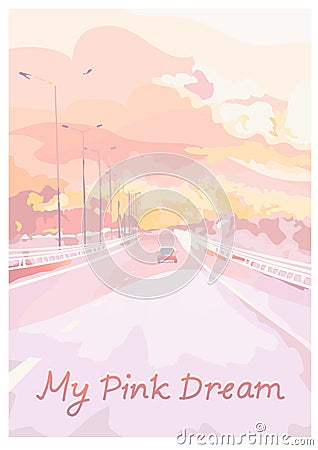 Car rides on the highway. Pink colored illustration. Vector Illustration