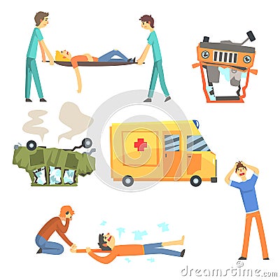 Car Road Accident Resulting In People Health Damage And Ambulance Helping The Victims Set Of Stylized Cartoon Vector Illustration