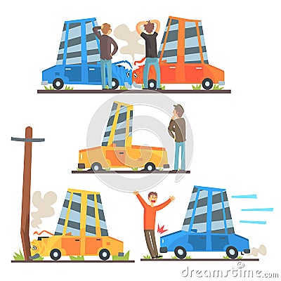 Car Road Accident Resulting In Transportation Damage Set Of Stylized Cartoon Illustrations Vector Illustration