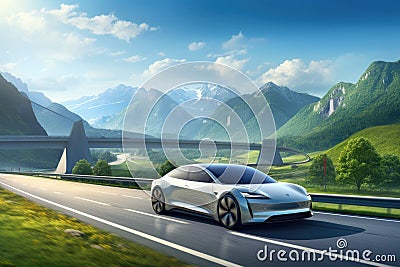 Car on the road with Alps in the background. 3D rendering, Electric car driving on a highway in the summer, mountains in the Stock Photo