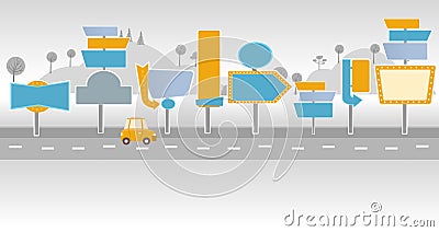 Car on a road with billboards. Vector Illustration