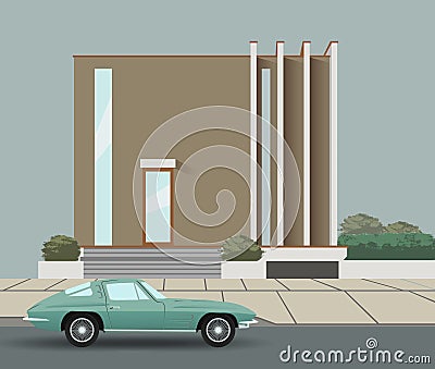 Car on the road and House. Vector Illustration Vector Illustration