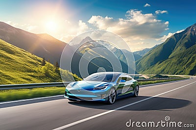 Car on the road in mountains. Vector illustration in flat style, Electric car driving on a highway in the summer, mountains in the Cartoon Illustration