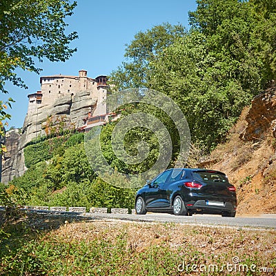 Car on the road n Meteora in Greece Stock Photo