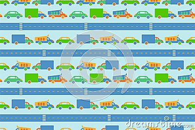 Car road. Play mat for children activity. Seamless pattern. Kid`s rug. Hand drawn sketch. Colorful background. Boy texture for Vector Illustration