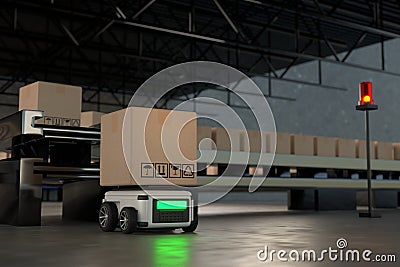 Car Robot transports truck Box with AI interface Stock Photo