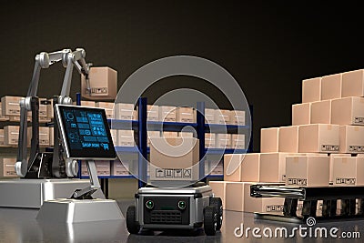 Car Robot transports truck Box with AI interface Object for manufacturing industry technology Product export and import of future Stock Photo