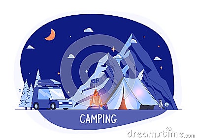 Car on Rocky Mountains Silhouette, Night Landscape. Vector Illustration