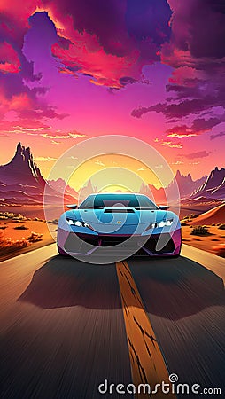 The car rushes at great speed along the road going into the distance Cartoon Illustration