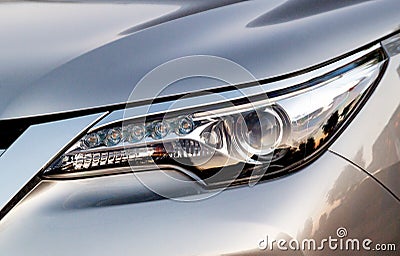 Car`s exterior details. Close up detail LED headlights Stock Photo