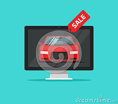 Car with sale badge in computer monitor vector illustration, flat cartoon automobile website page on desktop pc as Vector Illustration