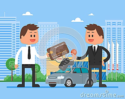 Car sale vector illustration. Customer buying automobile from dealer concept. Salesman giving key to new owner Vector Illustration