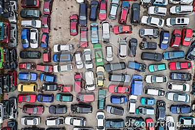 Car Scrapyard auto wrecks Junk Yards Aerial Drone photo Stock Photo