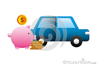 Car sedan with pig money silhouette isolated icon Vector Illustration