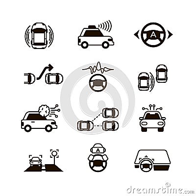 Car self control, futuristic driving intelligent vehicle systems vector icons Vector Illustration