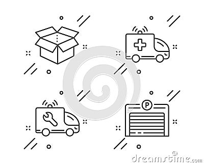 Car service, Ambulance car and Open box icons set. Parking garage sign. Vector Vector Illustration