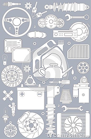 Car service and auto parts icons on gray background Vector Illustration