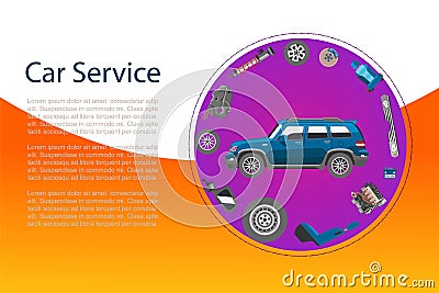 Car service banner with engine, wheel, brakes and auto carcass vector illustration. Auto diagnostics test service Vector Illustration