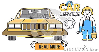 Car service banner. Mechanic worker in car repair shop. Flat vector illustration in cartoon style. Vector Illustration