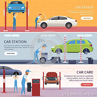 Car service banners. Mechanic workshop repair auto vector advertising banners Vector Illustration