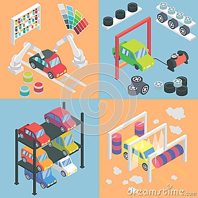 Car service center isometric icons. Vector flat 3d design elements. Auto painting, collision repair, multi level parking Vector Illustration