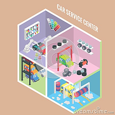 Car service center isometric icons. Vector flat 3d design elements. Auto painting, collision repair, multi level parking Vector Illustration