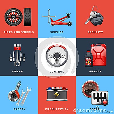 Car Service Concept Flat Icons Set Vector Illustration