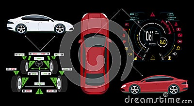 Car service. Digital automotive dashboard of a modern car. Graphic display, diagnostics wheel alignment . illustration Vector Illustration