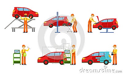 Car Service Elements Set, Male Auto Mechanics in Uniform Repairing and Painting Cars, Changing Tires, Testing Vehicles Vector Illustration
