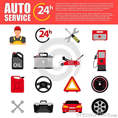 Car service flat icon set. Auto mechanic service flat icons of maintenance car repair and working. Auto mechanic design concept se Vector Illustration