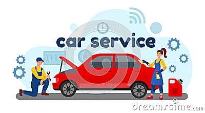 Car service. Garage maintenance by auto mechanic. Automotive diagnostics. Automobile repair center. Workshop vehicle Vector Illustration