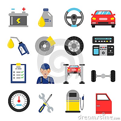 Car service icons set. Different parts of automobile. Vector illustrations in flat style Vector Illustration