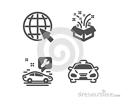 Car service, Internet and Gift icons. Taxi sign. Repair service, World web, New year. Public transportation. Vector Vector Illustration