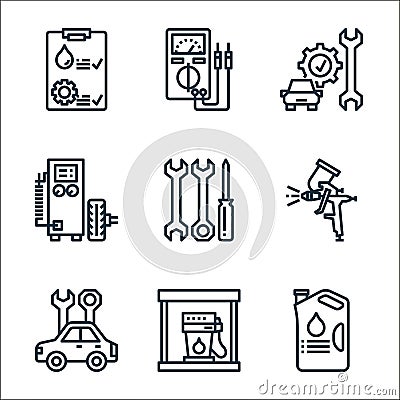 car service line icons. linear set. quality vector line set such as oil, gas station, car repair, spray paint, reparation, air Vector Illustration