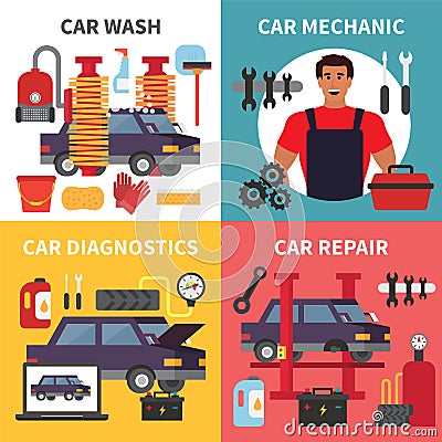 Car service maintenance. Auto transport diagnostics, care and mechanic repair work. Vector set Vector Illustration