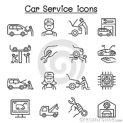 Car service & maintenance icon set in thin line style Vector Illustration