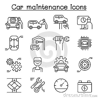 Car service & maintenance icon set in thin line style Vector Illustration