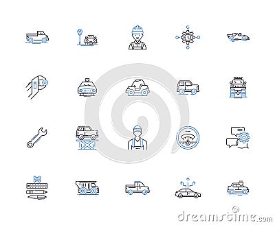 Car service outline icons collection. Maintenance, Garages, Oil-change, Parts, Repairs, Window-tint, Detailing vector Vector Illustration