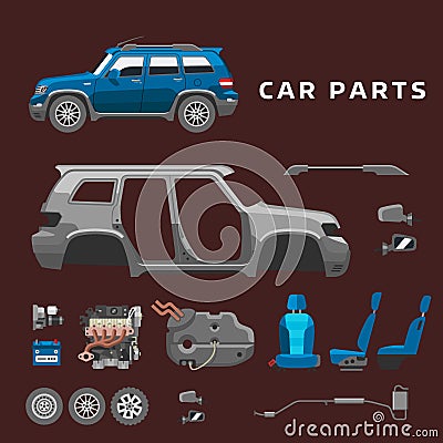 Car service parts flat auto mechanic repair of machines and equipment vector illustration Vector Illustration