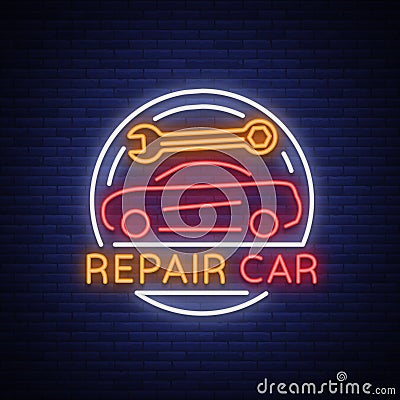 Car service repair logo vector, neon sign emblem. Vector illustration, car repair, shiny signboard for garage for auto Vector Illustration