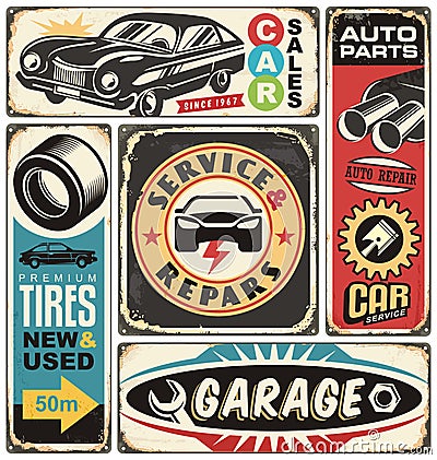 Car service and repair retro signs Vector Illustration