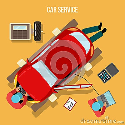 Car Service, Repairs and Diagnostics. Auto Maintanence Vector Illustration