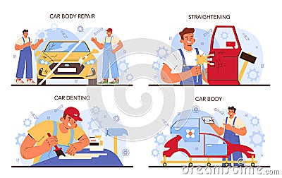 Car service set. Automobile got fixed in garage. Mechanic in uniform Vector Illustration